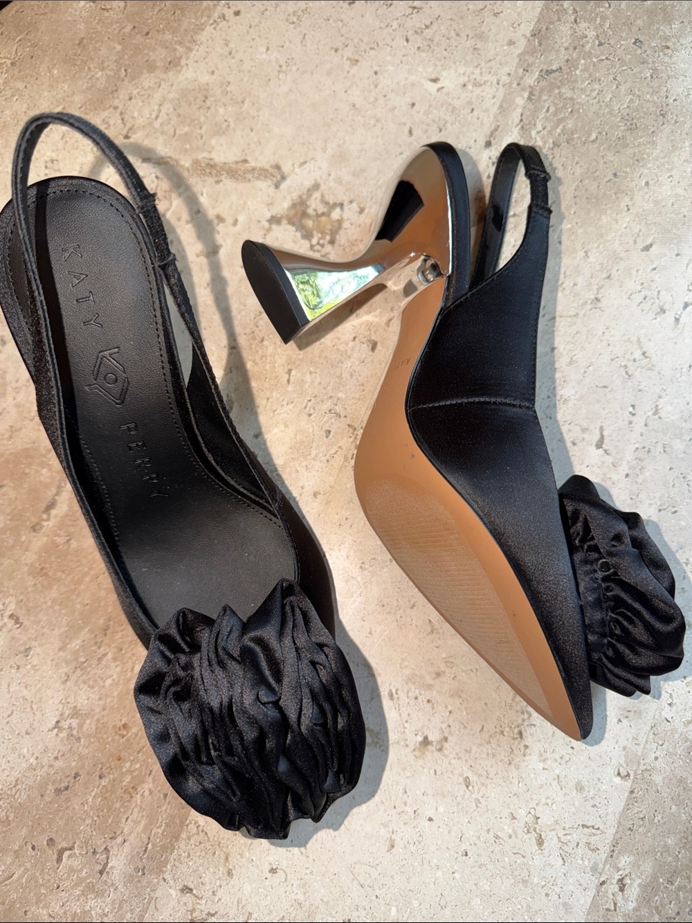 Katy Perry Collections The Laterr Black Satin High Floral Slingback Heels 7.5